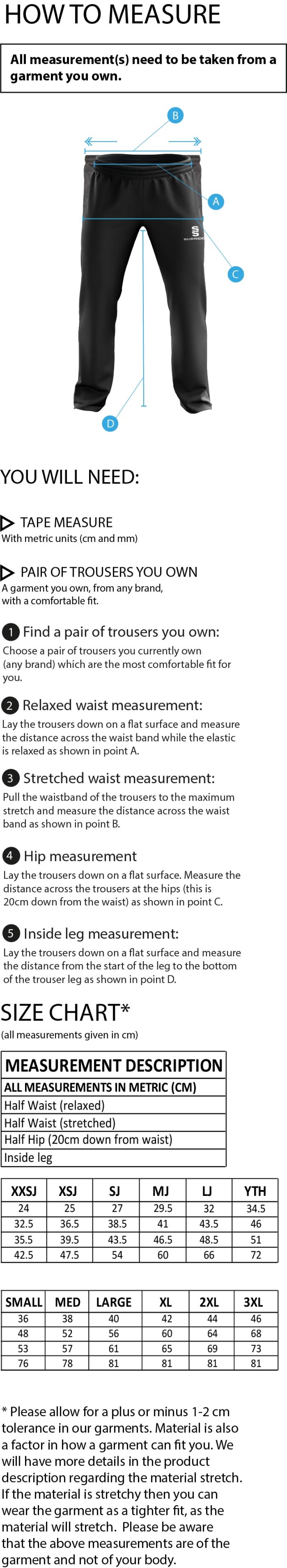Tiffin Touring Society - Dual Poplin Track Pant with Lycra - Size Guide
