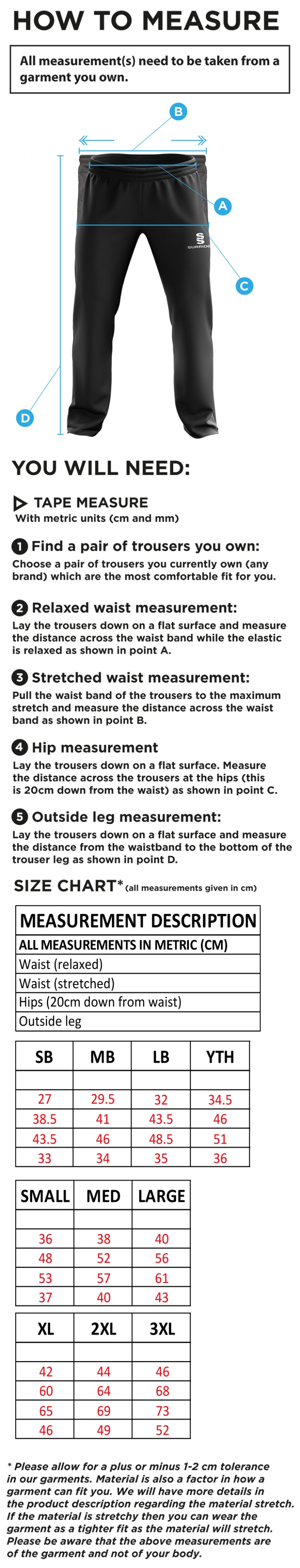 Tiffin Touring Society - Ripstop Track Pants - Size Guide