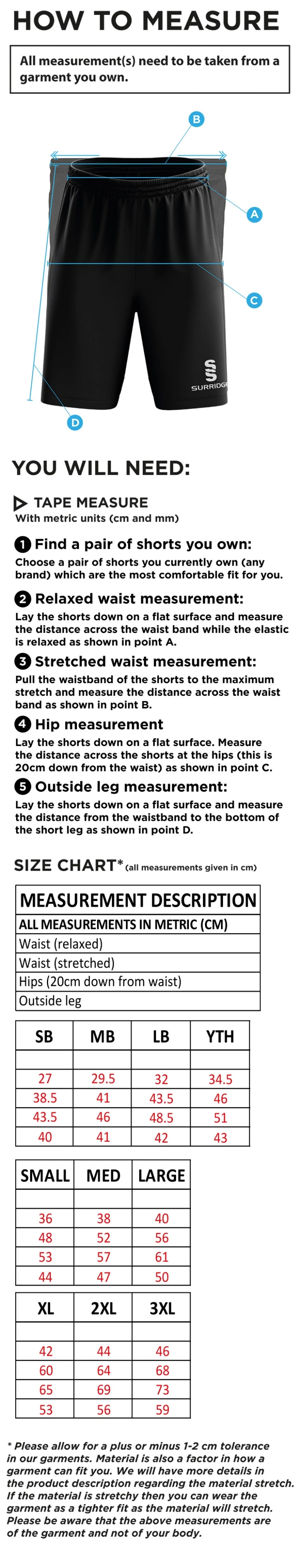 Tiffin Touring Society Blade Training Shorts - Size Guide