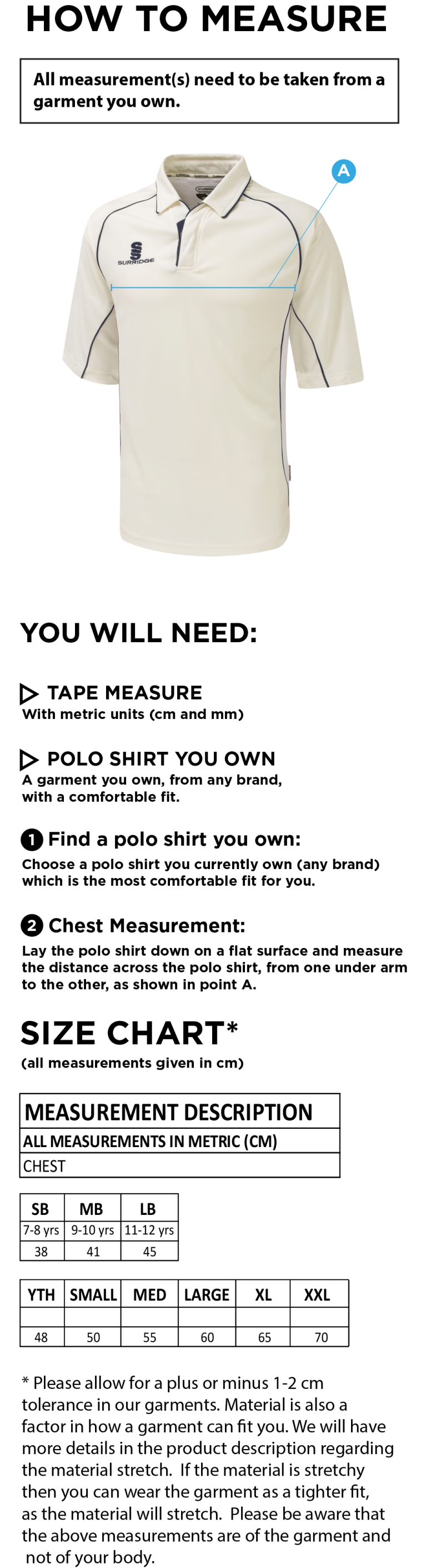 Tiffin Touring Society - Premier 3/4 Sleeved Shirt - Size Guide