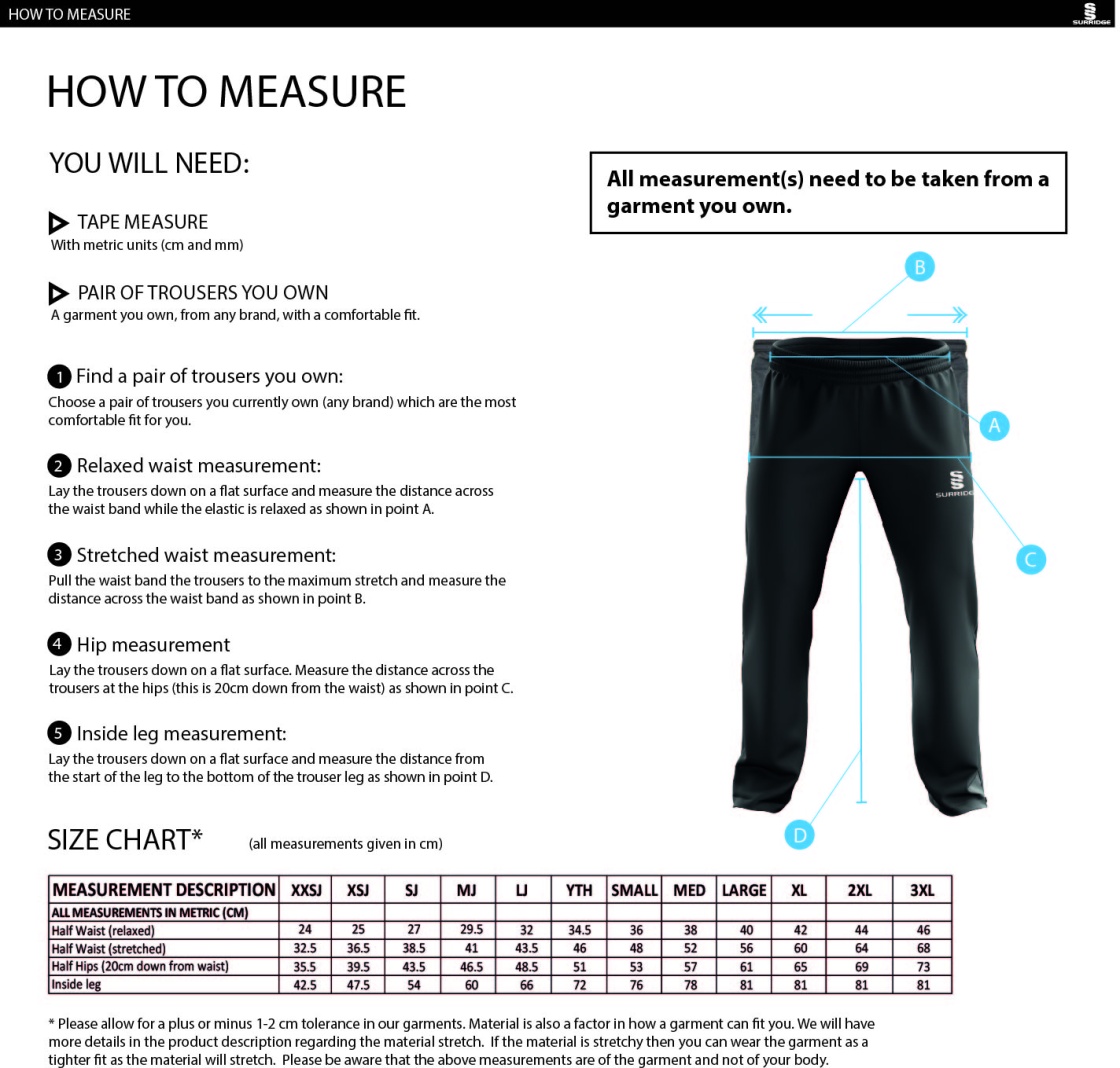 Tiffin Touring Society - Dual Poplin Track Pant with Lycra - Size Guide