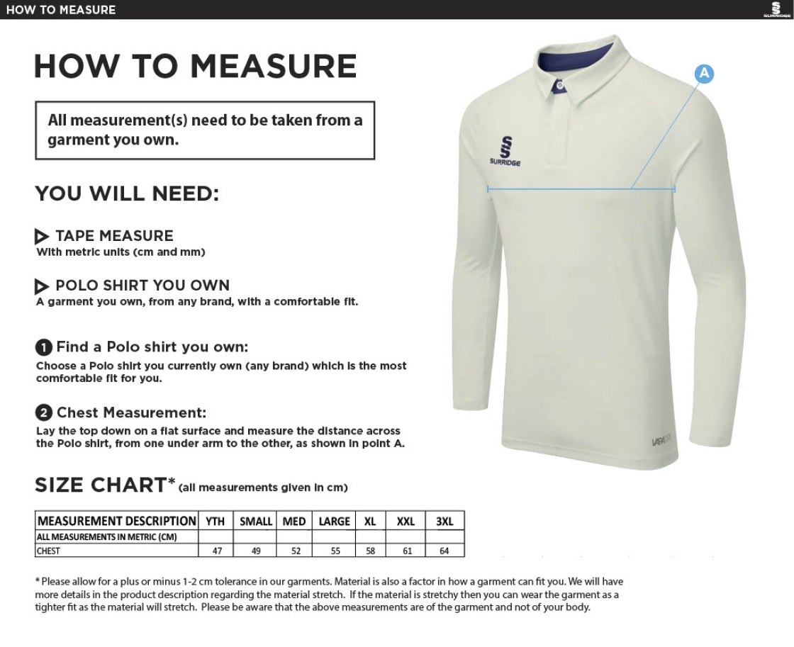 Tiffin Touring Society - Dual Cricket Shirt Long Sleeve - Size Guide