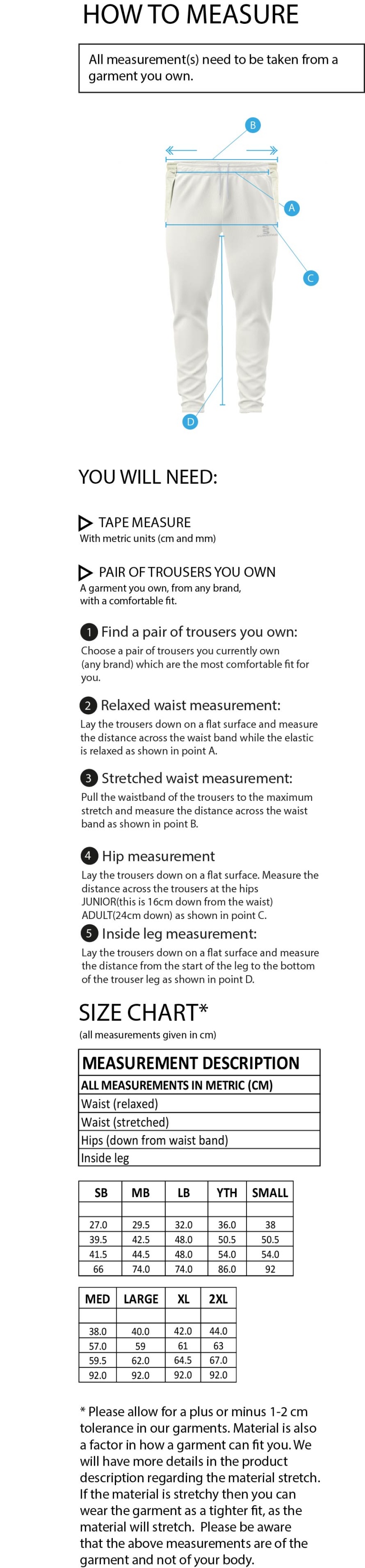 TIFFIN TOURING SOCIETY WHITE PLAYING TROUSERS - Size Guide
